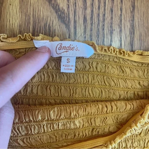 Boho Cottagecore Smocked Peplum Top Mustard Yellow Bell Sleeves Size Small - Picture 6 of 6